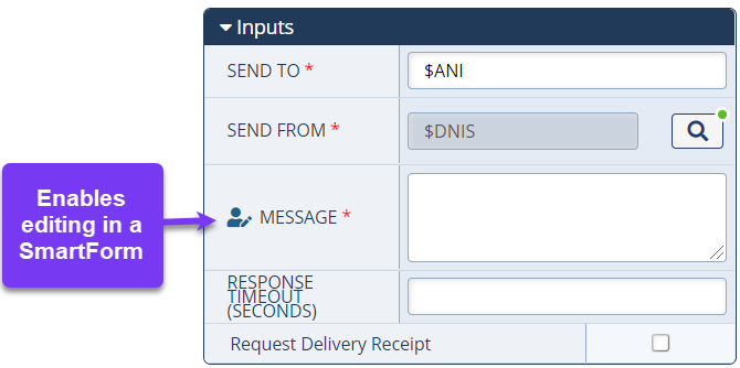 The configurations for the Send SMS action. To the left side of the "Message" field, a silhouette with a pencil appear